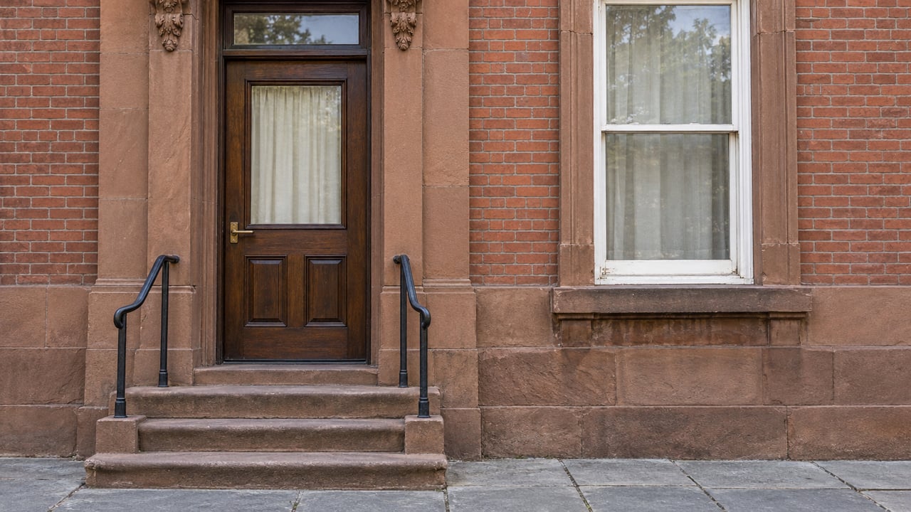 Weathered sandstone townhouse entrance with a dark oak door, white sash window, stone steps and bluestone sidewalk.