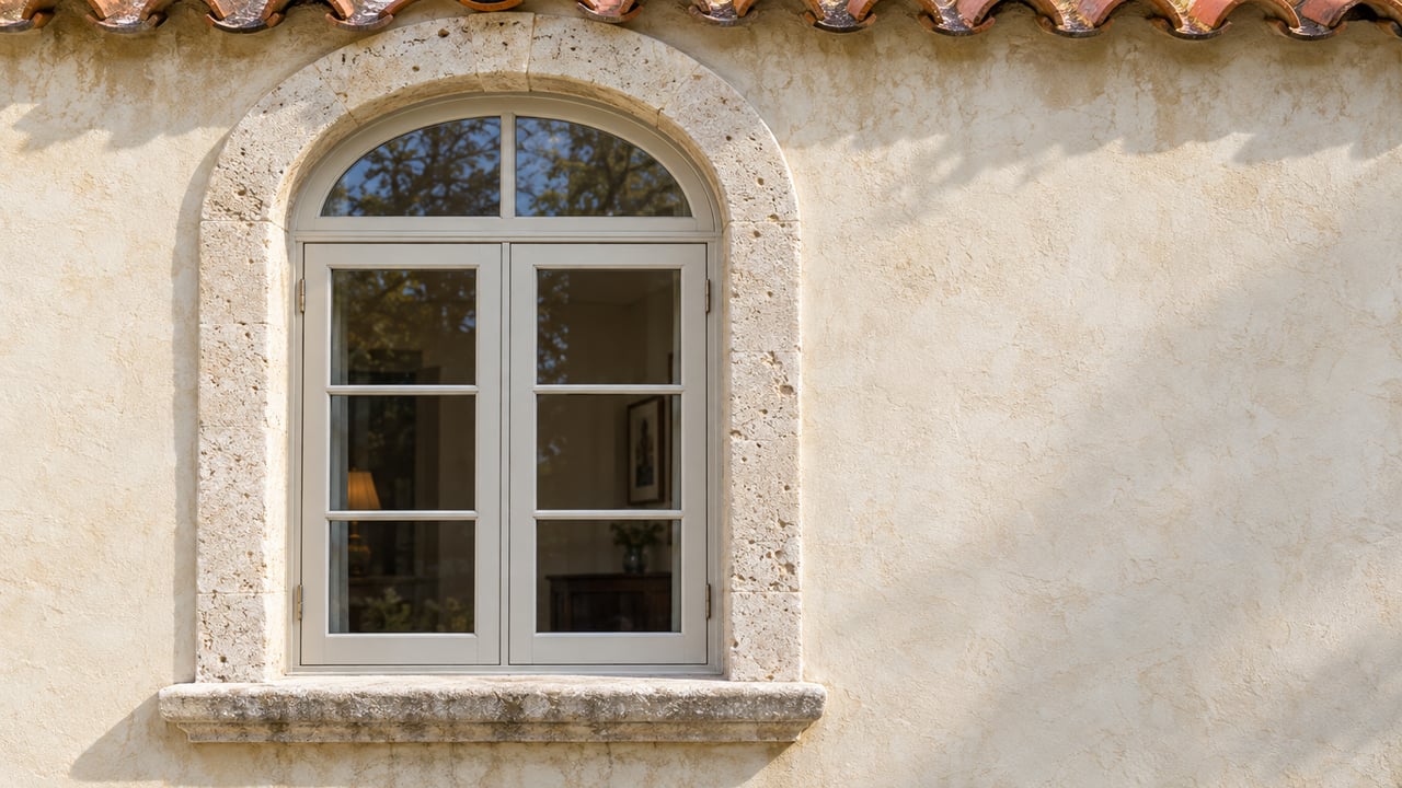 Arched cream-painted timber window with a pale limestone surround, ivory stucco walls and aged clay roof tiles.