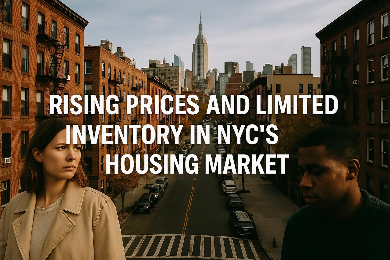 A diverse couple reviewing NYC housing market trends in 2025 with the city skyline in the background.