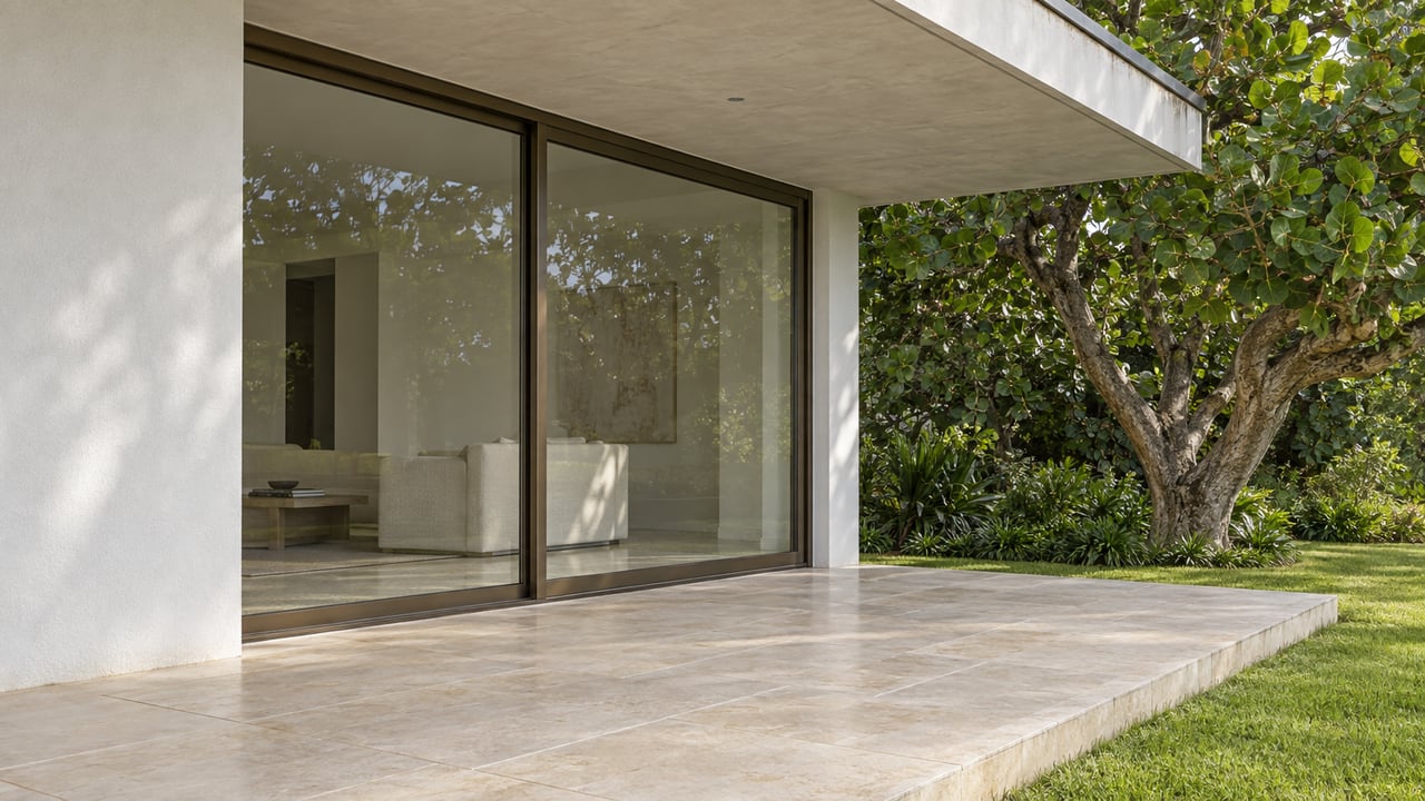 Close view of a contemporary home's covered limestone terrace, bronze-framed glass doors and a broad-leaved specimen tree beside the lawn.