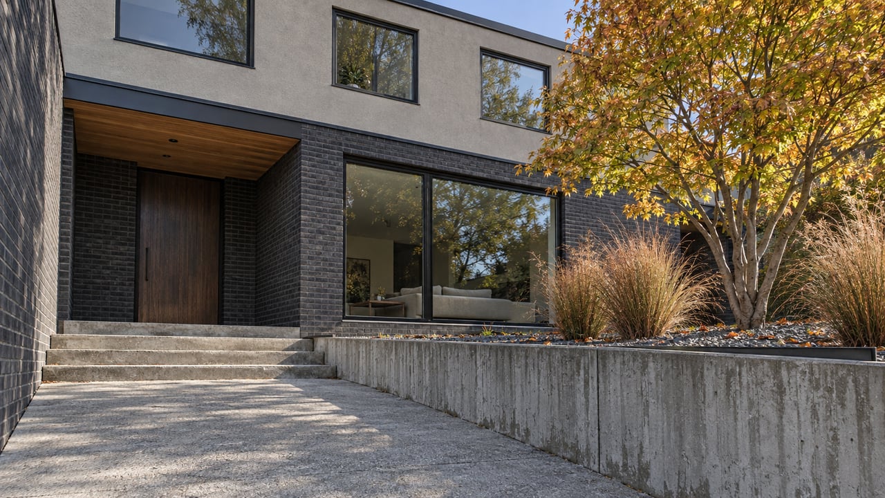 Contemporary hillside home with charcoal brick, gray stucco, a recessed wood entry and an autumn maple beside a raised concrete terrace.
