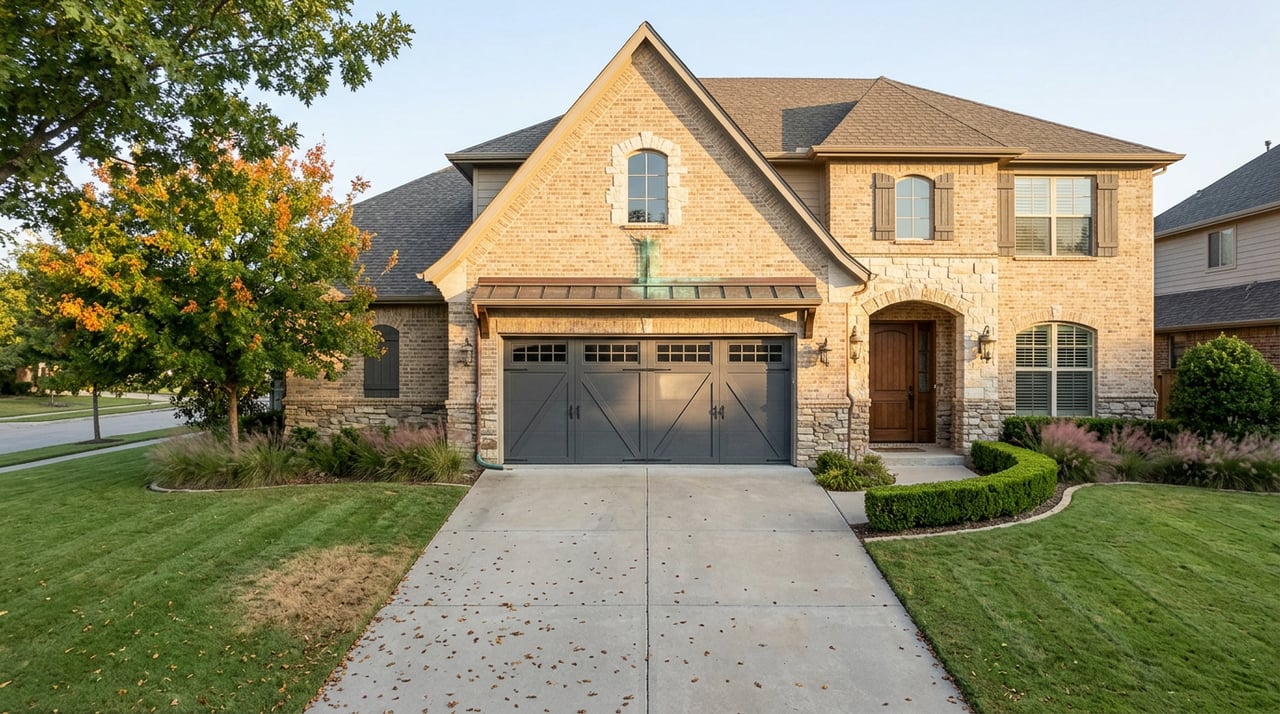 Two-story brick-and-stone suburban home with a three-car garage, arched entry, and deep lawn