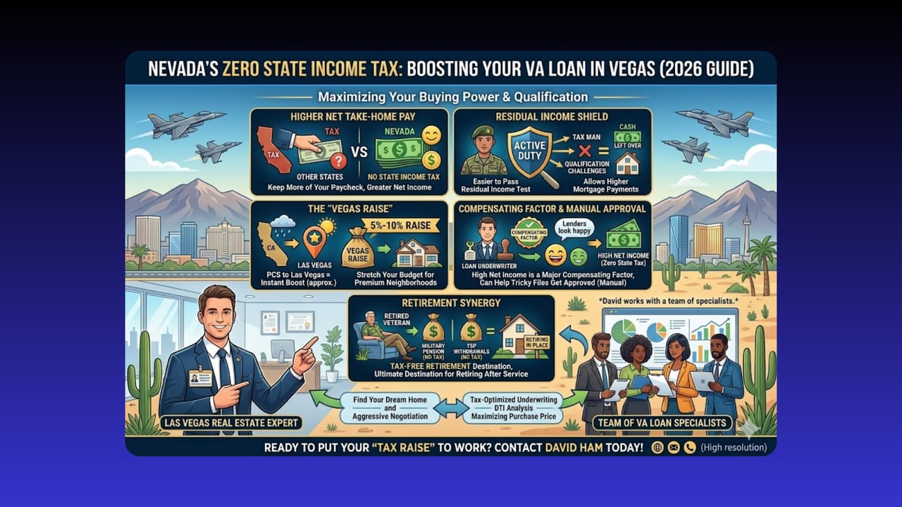 Infographic on how Nevada’s zero state income tax may boost VA loan qualification in Las Vegas.