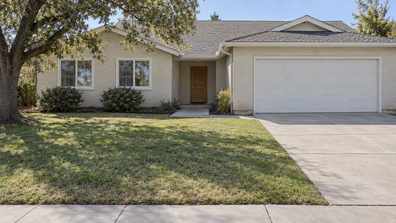 Cream stucco single-story home with a gray shingle roof, white garage, deep front lawn and mature oak in clear afternoon light.