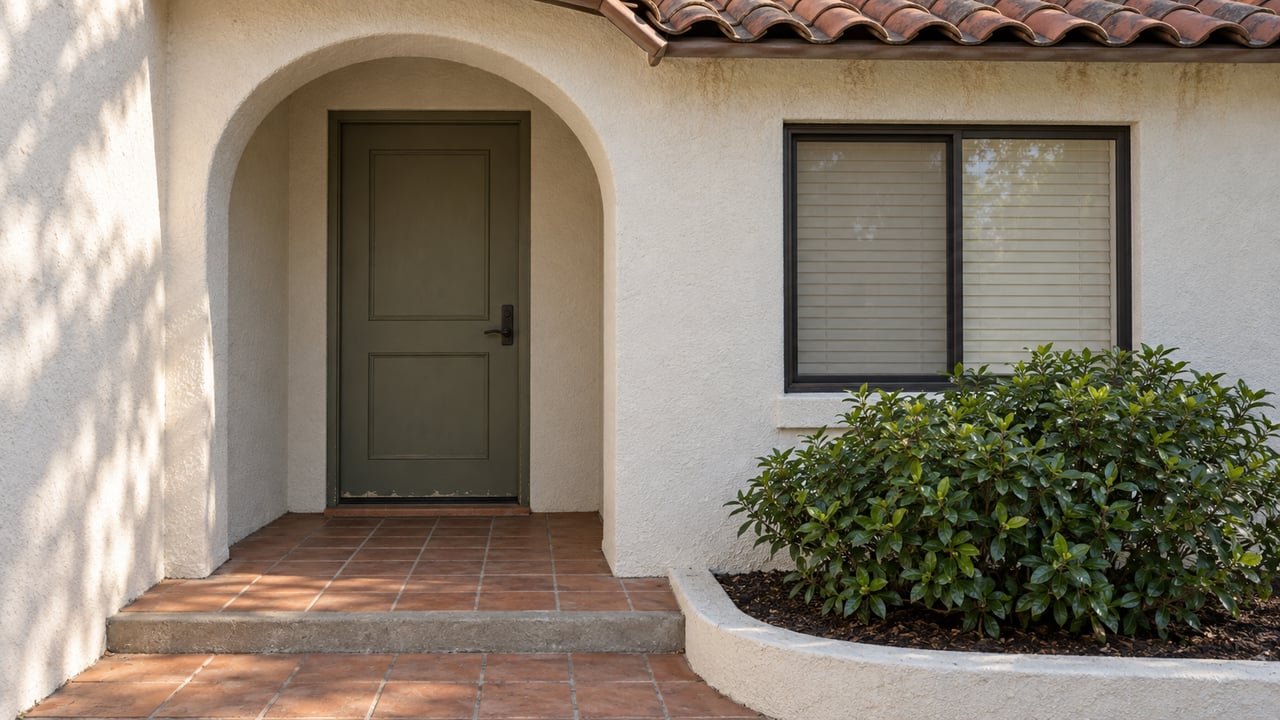 Sunlight on an off-white stucco home's arched entry, olive door, terracotta paving and a gardenia beside a dark-framed window.