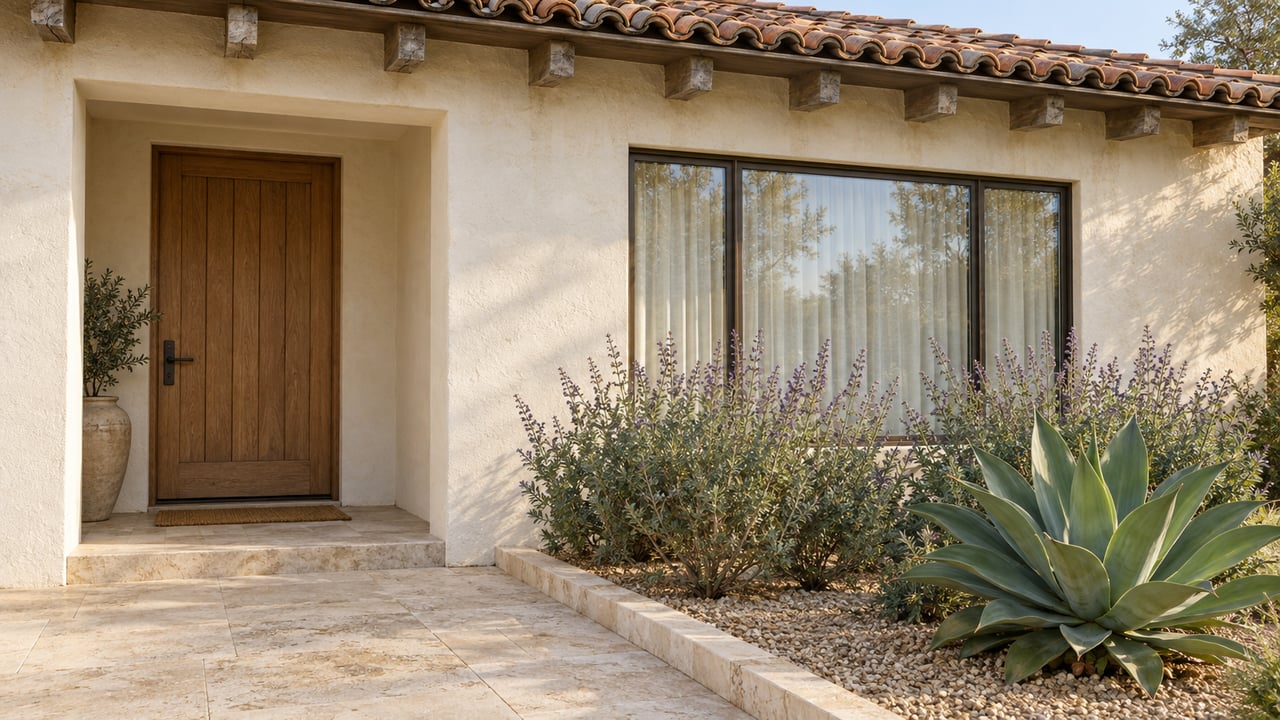 Cream stucco home with a clay tile eave, oak front door, bronze-framed window and limestone approach beside agave and Cleveland sage.