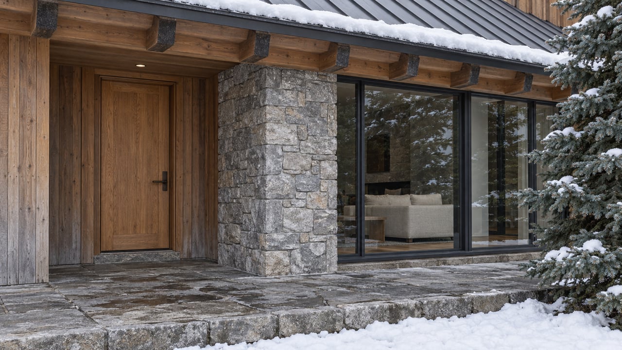 Snow-edged stone landing outside a cedar-and-stone home, with a sheltered timber door, large windows and one snow-dusted spruce.