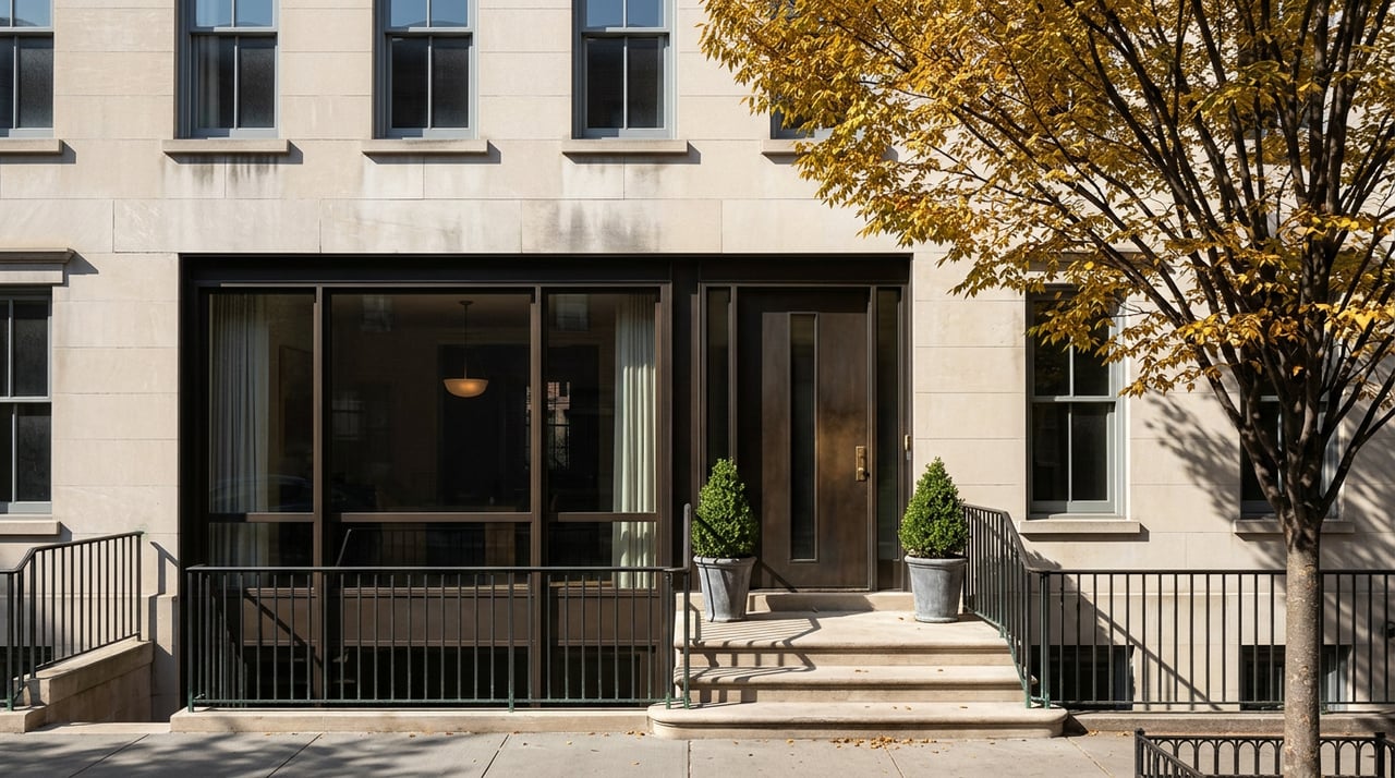 Limestone rowhouse facade with bronze-framed parlor windows, iron stoop railing, paired entry urns, and golden autumn leaves.
