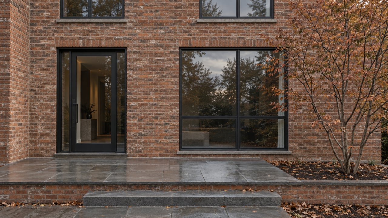 Brick house with dark-framed windows, a glazed entry door, and damp bluestone terrace steps.