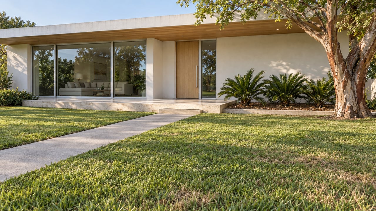 Low modern home with a broad wood-lined overhang, glazed living room and pale stone entry beyond a deep lawn and sculptural gumbo-limbo tree.