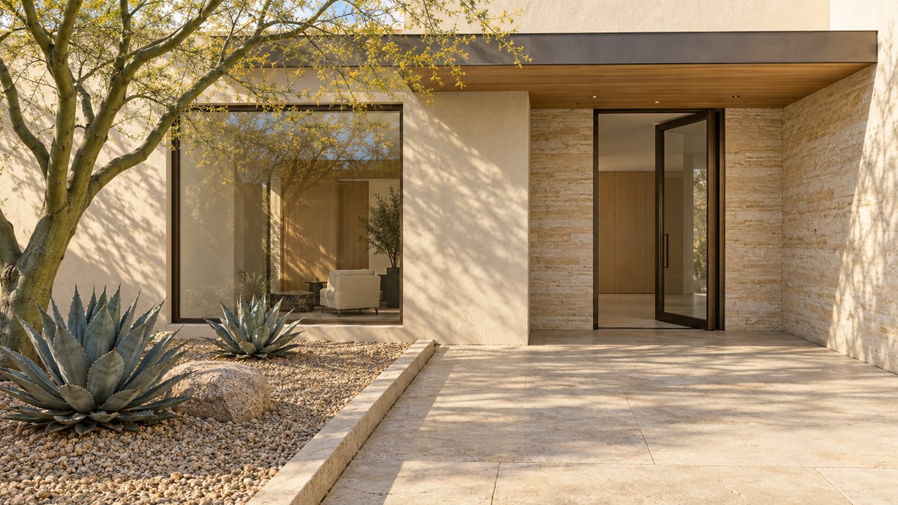 Warm stone approach to a contemporary cream-stucco home, with bronze-framed glazing, a sculptural green-trunk tree and two agaves in a recessed gravel bed.
