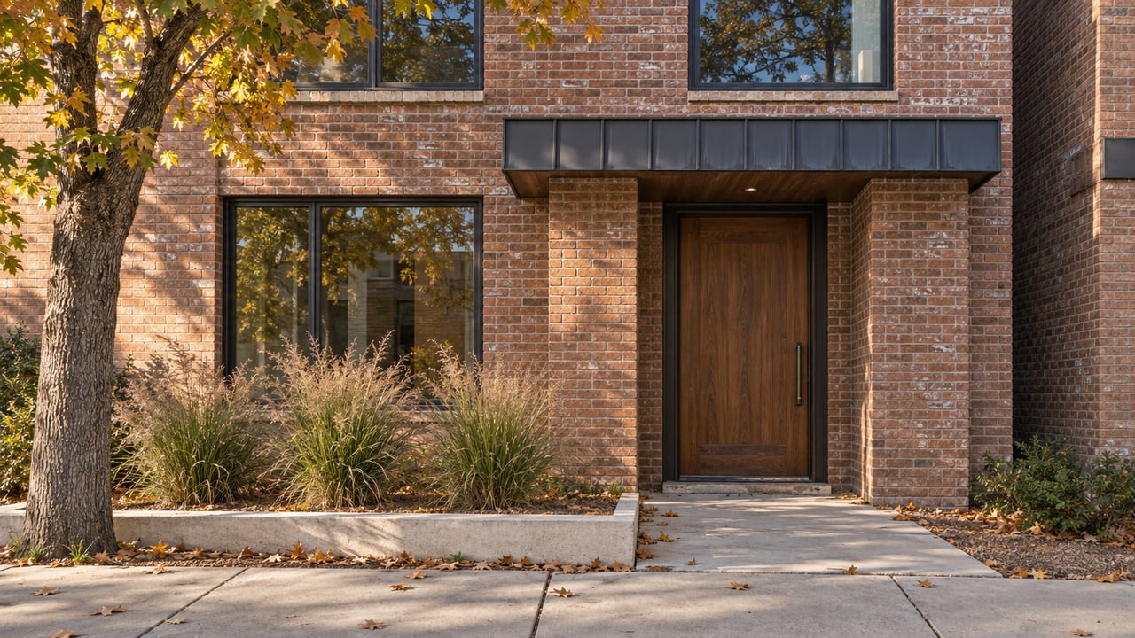 Red-brown brick home with a recessed walnut door, black-framed windows, and tawny grasses beneath an oak.