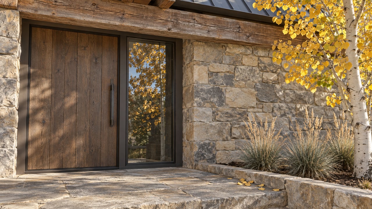Sunlit timber entry with a smoked-oak door, sandstone walls and golden aspen leaves beside a raised stone landing.