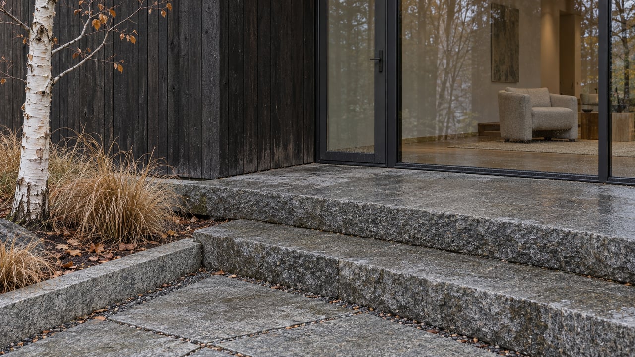Rain-darkened granite steps meet a dark cedar home with closed full-height glazing, a paper birch and straw-colored tufted hair grass.