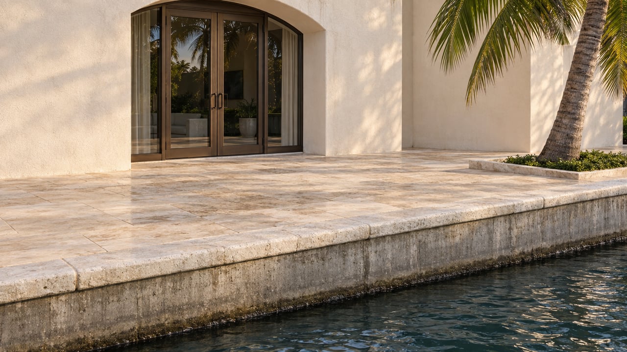 Cream-stucco waterfront terrace with arched bronze-framed doors, a coconut palm, and rippled canal water below a limestone edge.