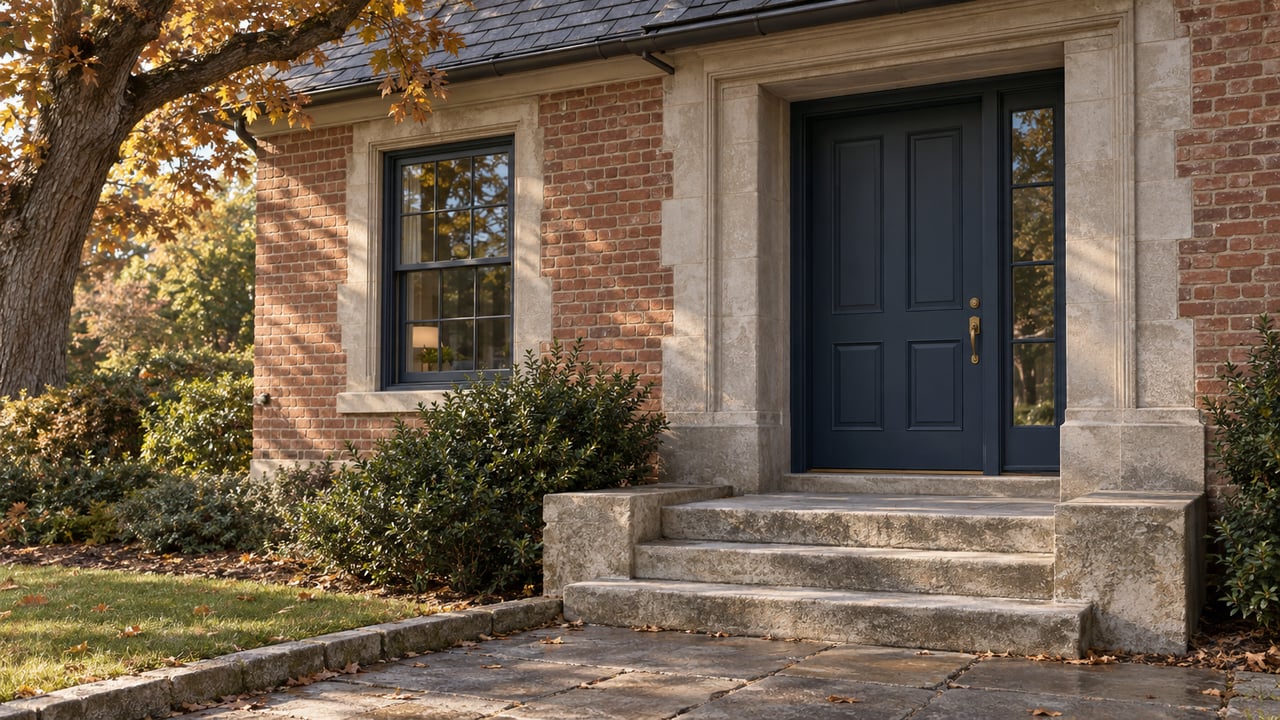 Brick-and-limestone entrance with a navy door, glazed sidelight, limestone steps, and bronze oak leaves.