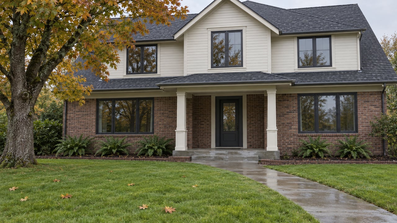 Gabled cream-and-brick home with a covered porch, deep green lawn and an ochre-leaved maple under soft autumn daylight.