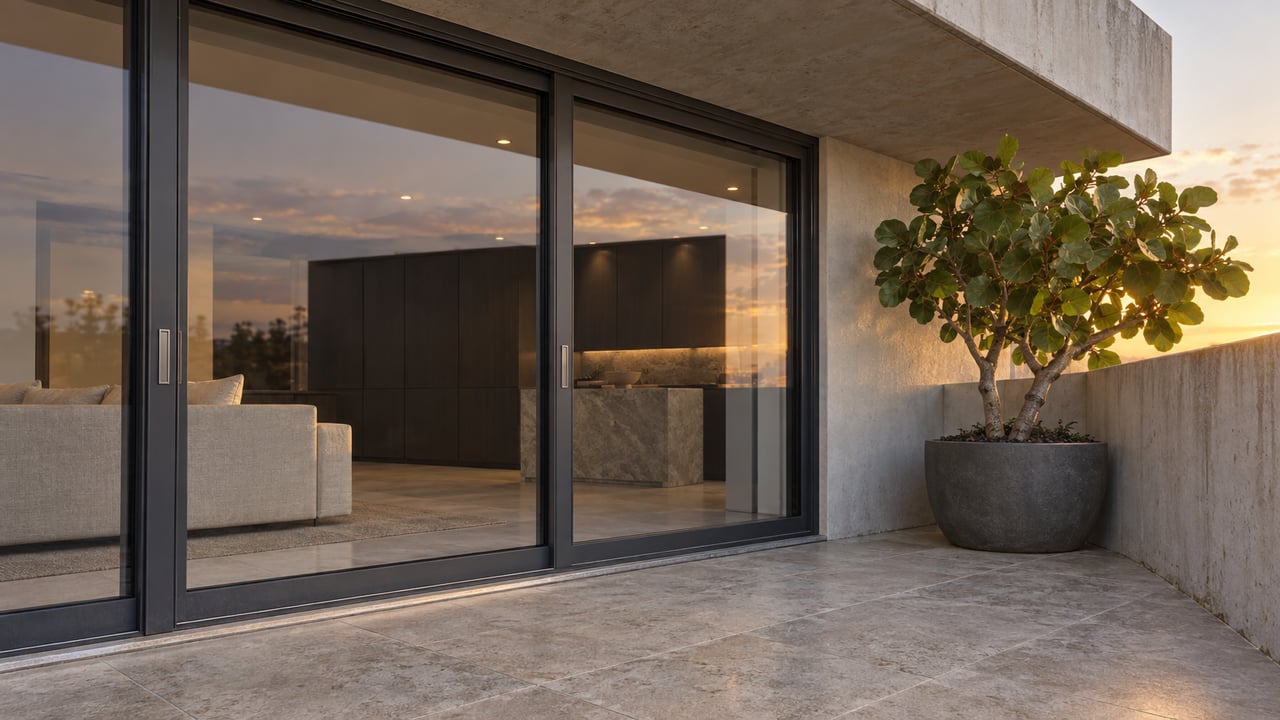 Modern home terrace with black-framed sliding doors and a potted tree at sunset.