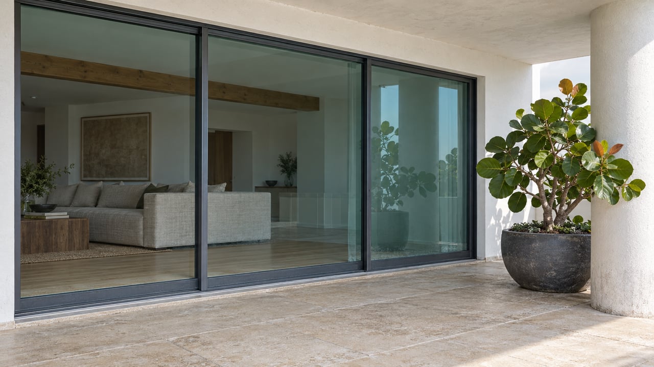Sunlit covered terrace with a rounded white column, teal-tinted sliding doors, pale stone paving and a sea-grape tree in a charcoal planter.