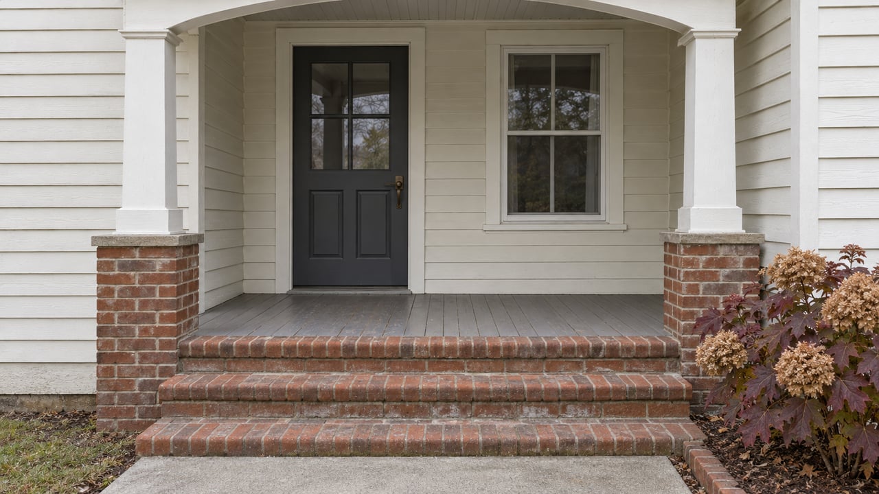 Painted porch entry with a shallow arch, charcoal door, worn brick steps and oakleaf hydrangea in autumn color.