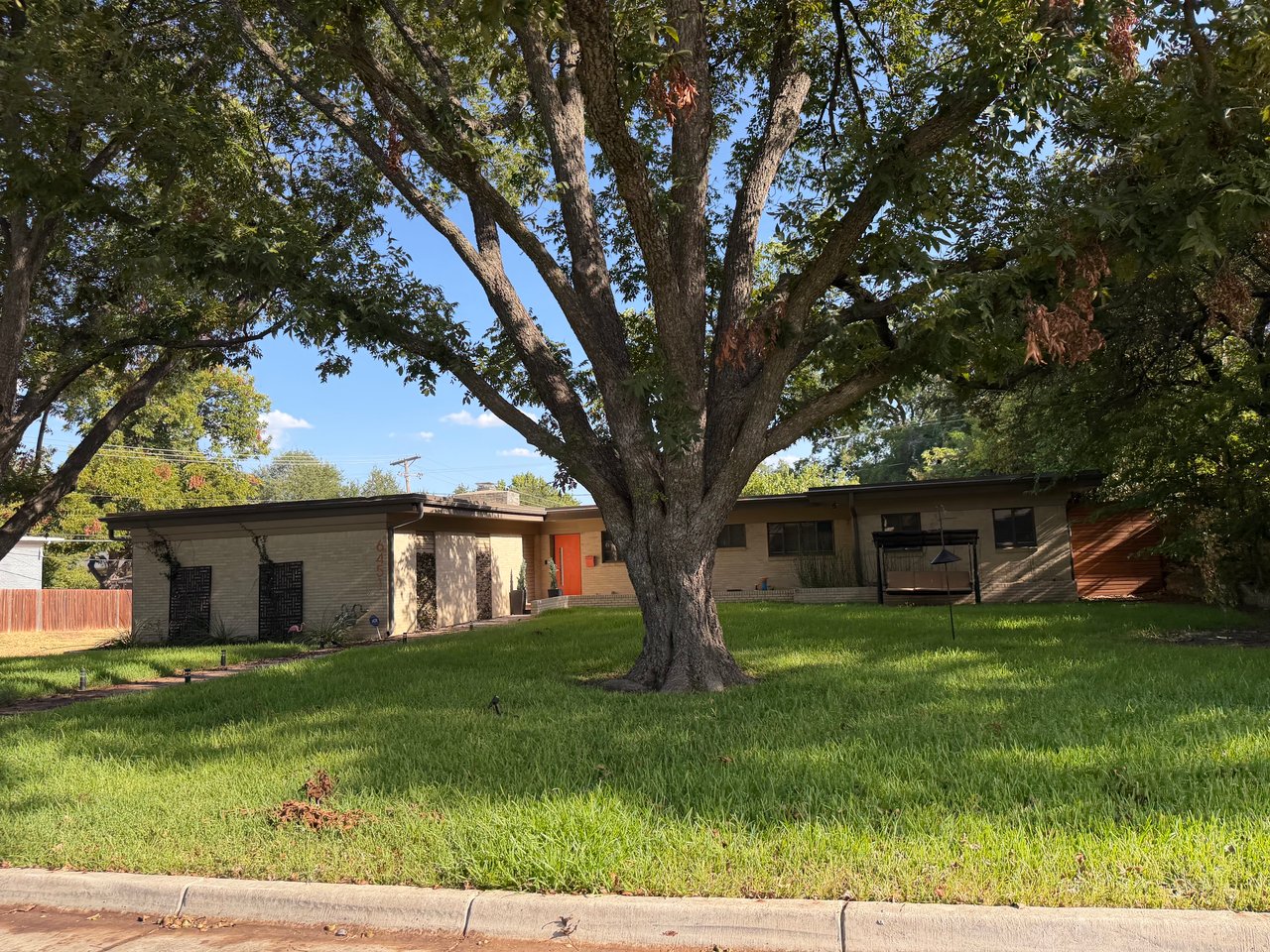 Single-story home with an orange front door and a large mature tree shading its front lawn.