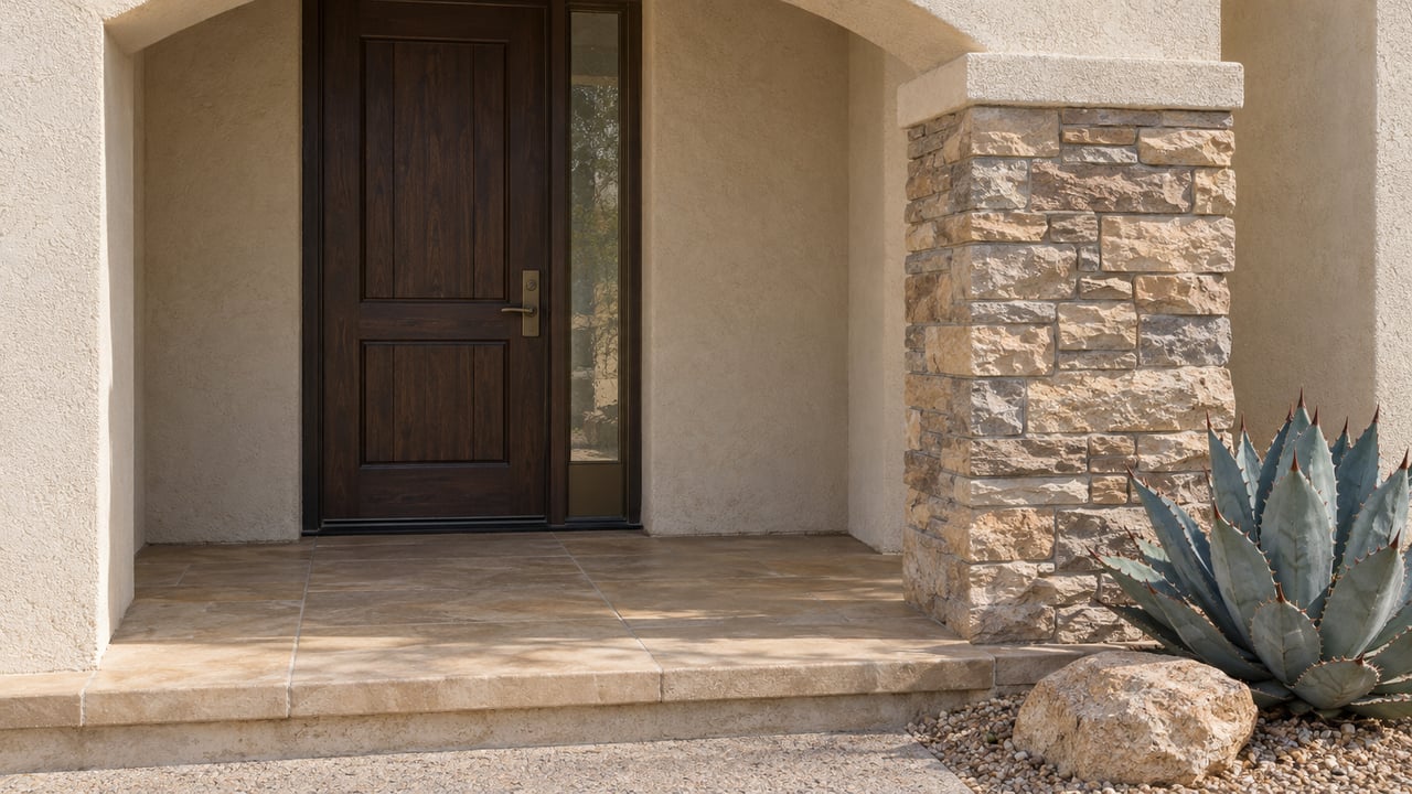 Close view of a cream stucco porch, wood entry door, sandstone step and blue-gray agave beside a ledgestone pier.