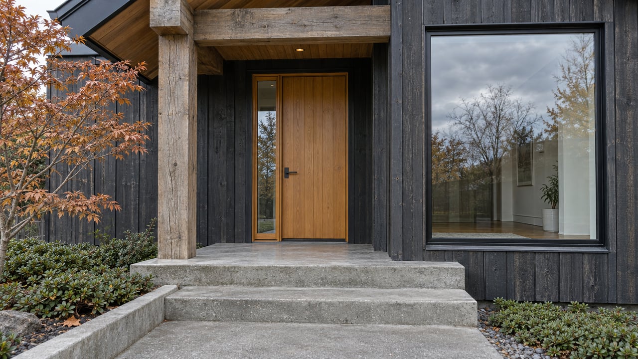 Timber-framed entrance with charcoal wood siding, a honey-toned door and concrete steps beside copper autumn leaves.