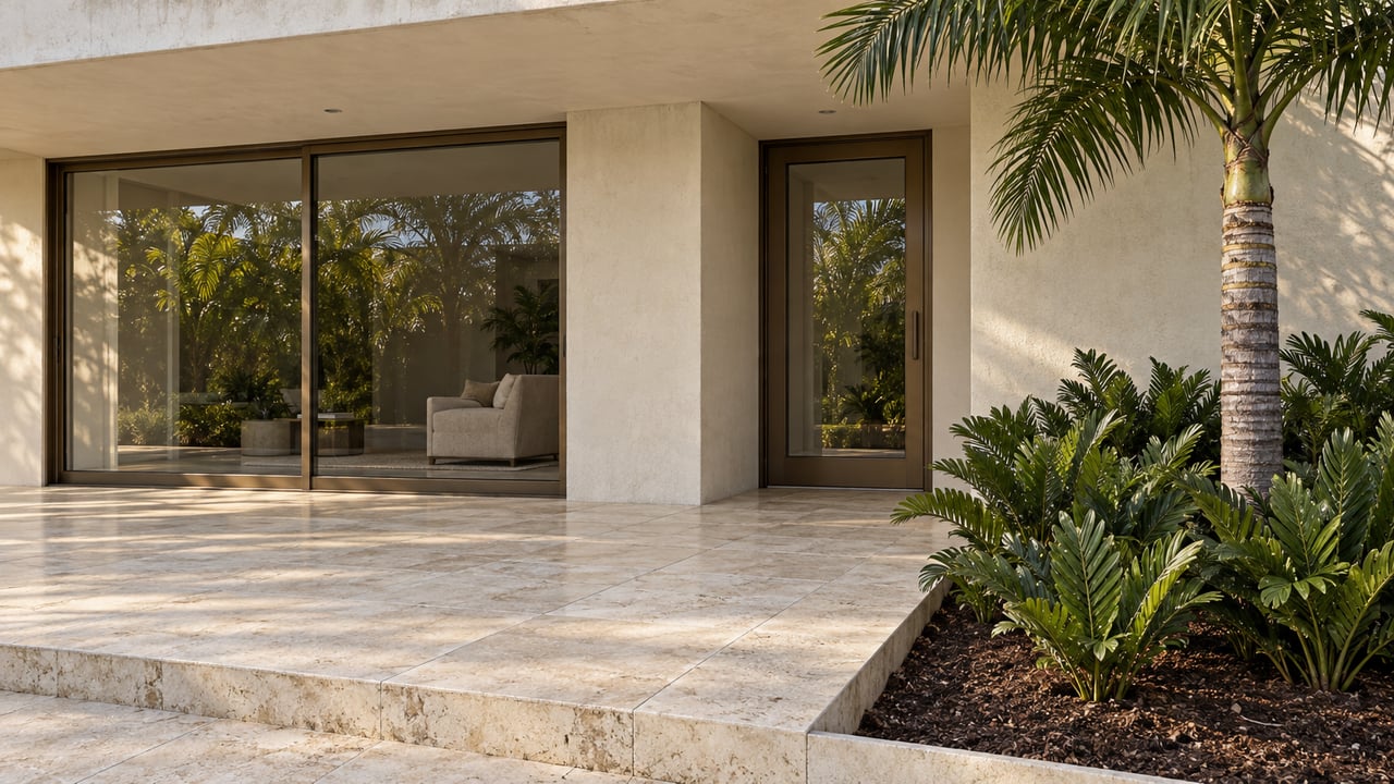 Cream-stucco home with bronze-framed glass doors, a pale limestone entry terrace, and a sculptural palm above coontie planting.