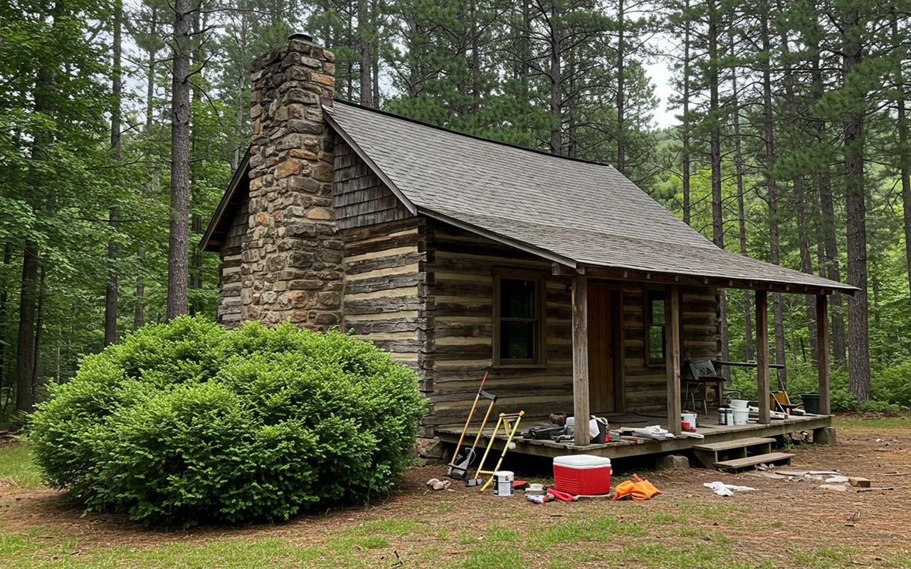 Rustic log cabin with a stone chimney, covered porch, and renovation supplies in a wooded setting.