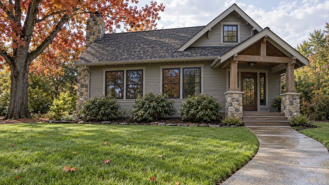 Warm-gray Craftsman home with stone chimney, timber porch posts, and a broad autumn lawn beneath a red oak.
