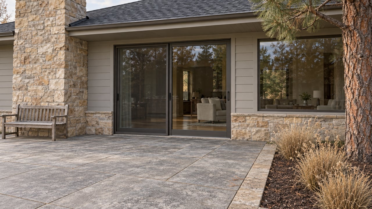 Autumn light falls across a stone-and-siding home's closed glass doors, concrete terrace and weathered teak bench beside a ponderosa pine.