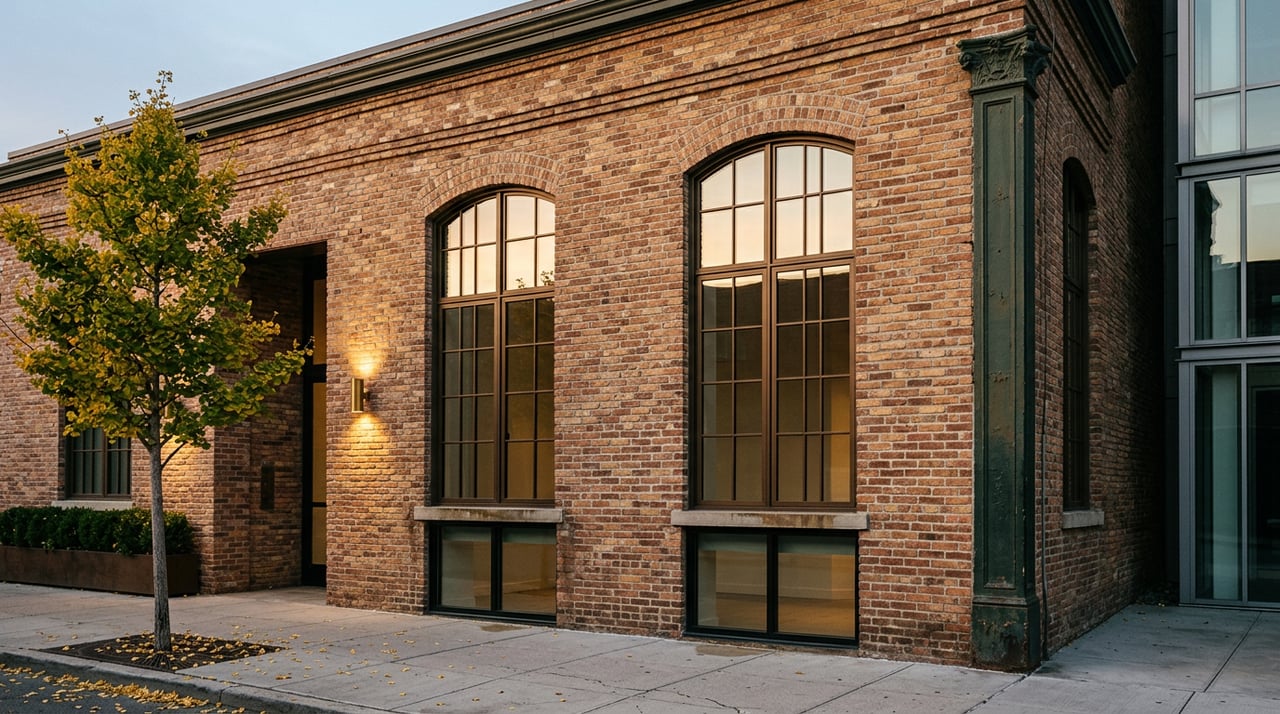 Restored brick loft corner with arched windows, gold-tipped ginkgo, and glass tower at right.