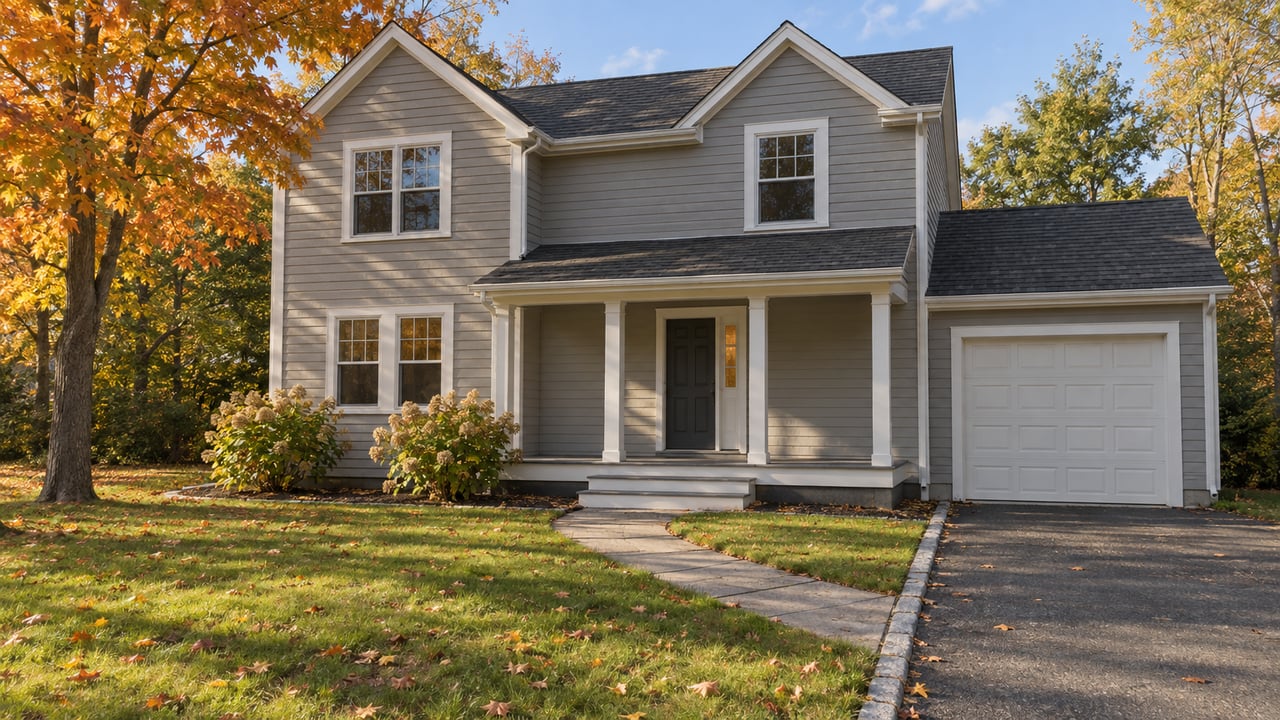 Gray clapboard home with white trim, covered porch, attached garage and a deep autumn lawn beneath an orange-gold maple.