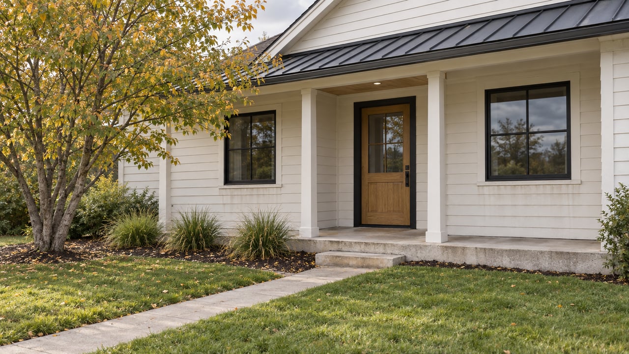 Detached suburban home with recessed oak entry, two windows, diagonal walkway, lawn, and serviceberry tree.