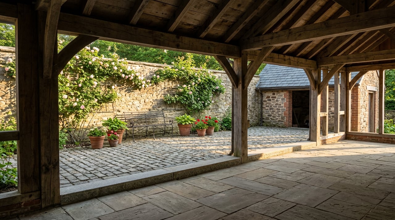 Timber-beamed breezeway opens onto a stone courtyard with a rose-covered wall, black bench, and slate-roofed outbuilding.