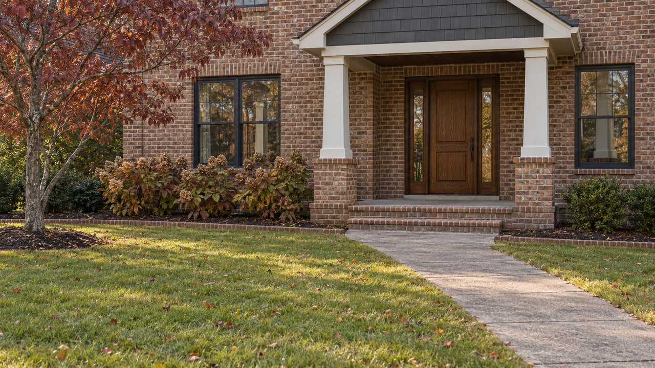 Brick home with an ivory-columned porch, oak front door and concrete approach across an autumn lawn.