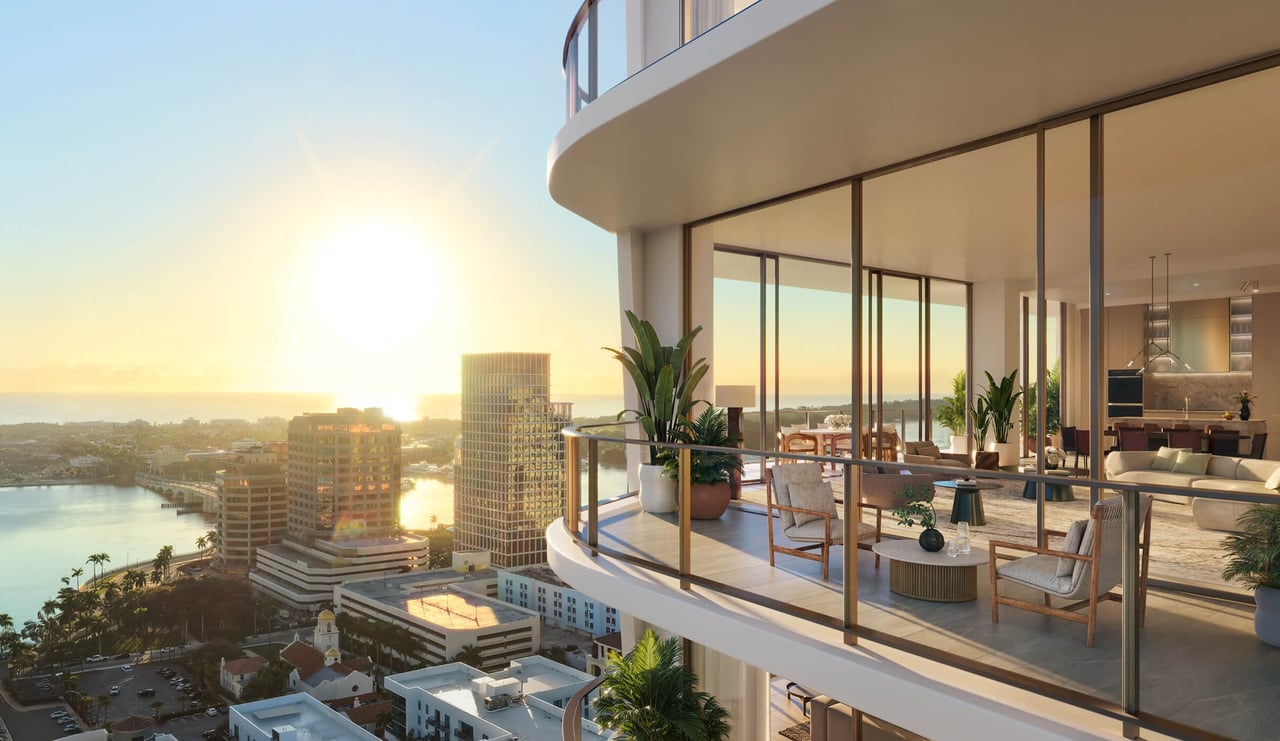 Corner Balcony at Sunset rendering at Banyan Tree Residences in West Palm Beach.