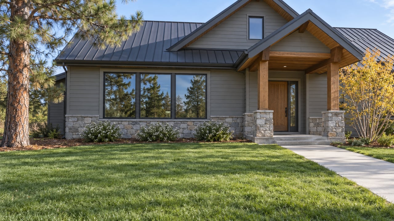 A gray-sided home with charcoal gabled roofs, stone foundation and cedar entry overlooks a deep lawn with autumn serviceberry and a mature pine.