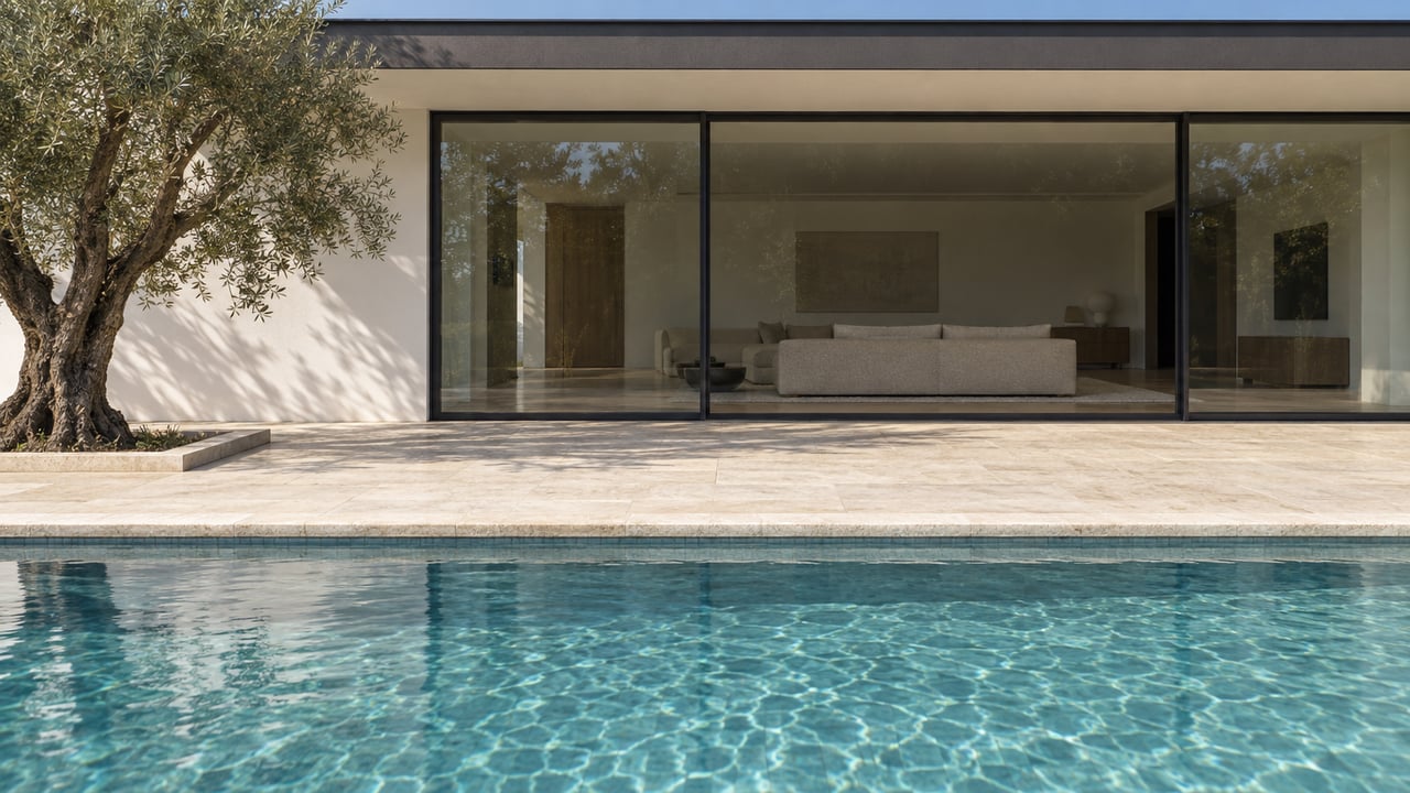 Contemporary white house with glass sliding doors behind a limestone terrace and pool, shaded by a roof overhang.