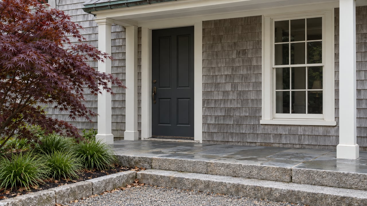Recessed charcoal door and tall sash window on a gray-shingled house, beside a burgundy-leaved maple and bluestone steps.