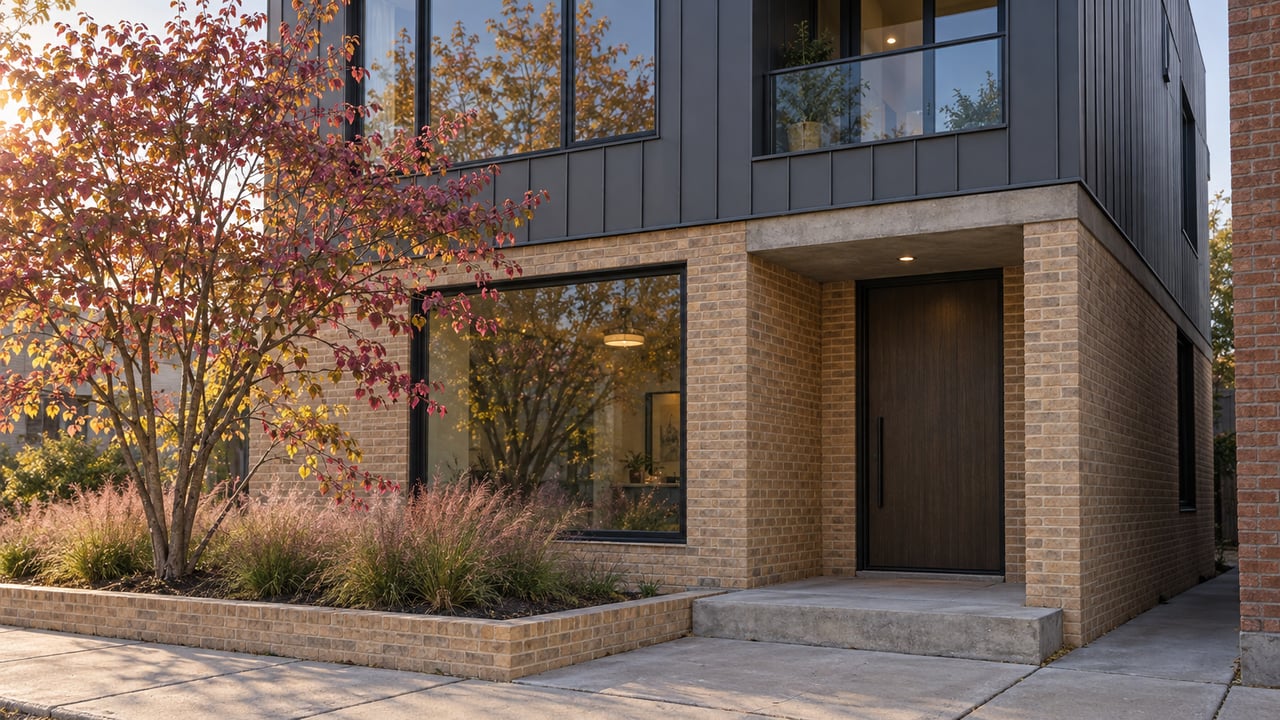 Three-story infill home with buff brick, charcoal metal cladding, inset balcony, and a Cercis tree by the entry.