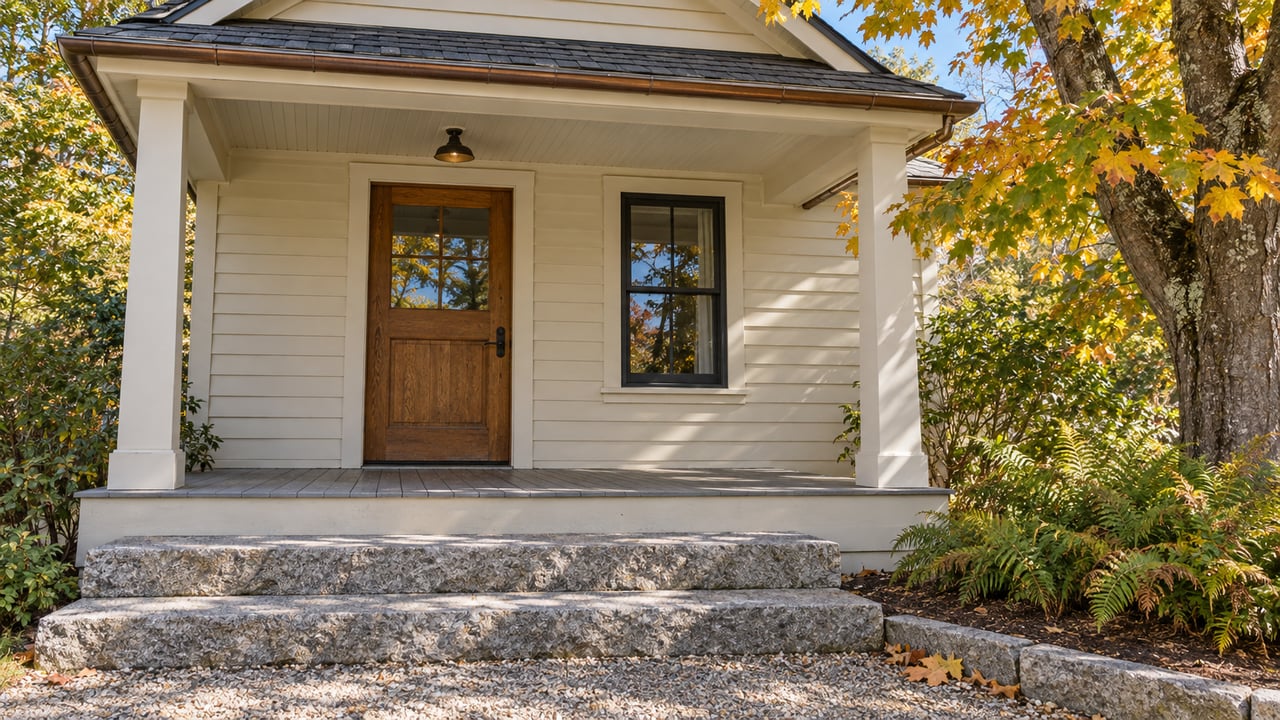 Cream clapboard cottage entry with an oak door, weathered granite steps and yellow-orange maple leaves in clear autumn light.