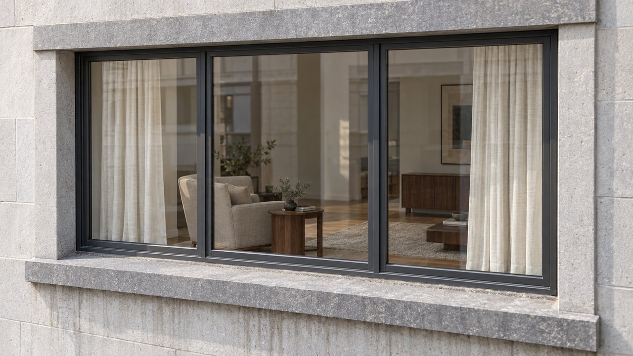A recessed dark-metal condominium window in pale masonry, with a linen armchair visible behind closed glass.