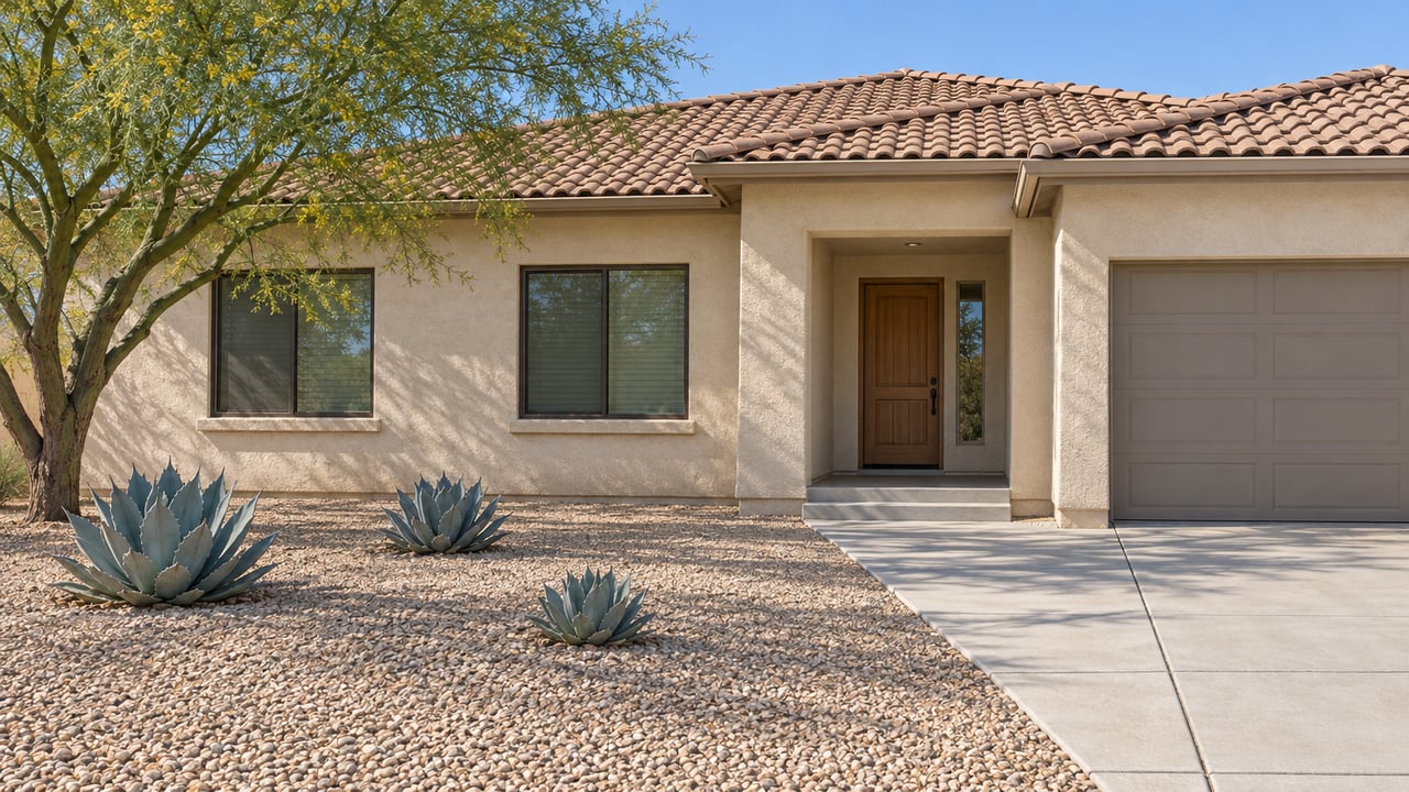 Cream stucco home with a faded tile roof, bronze-framed windows, and a gravel front yard planted with one blue palo verde and three compact agaves.