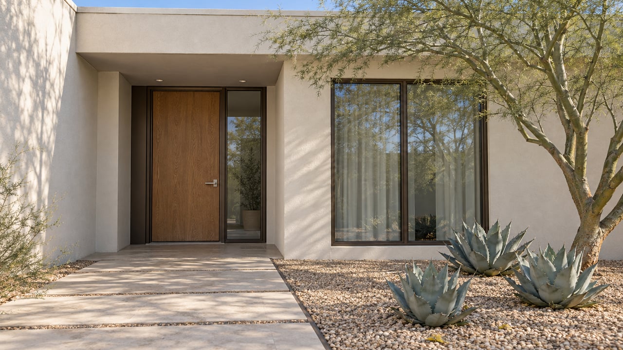 Ivory stucco home with a recessed oak entry, bronze-framed glazing, limestone approach and sculptural desert planting in morning sun.