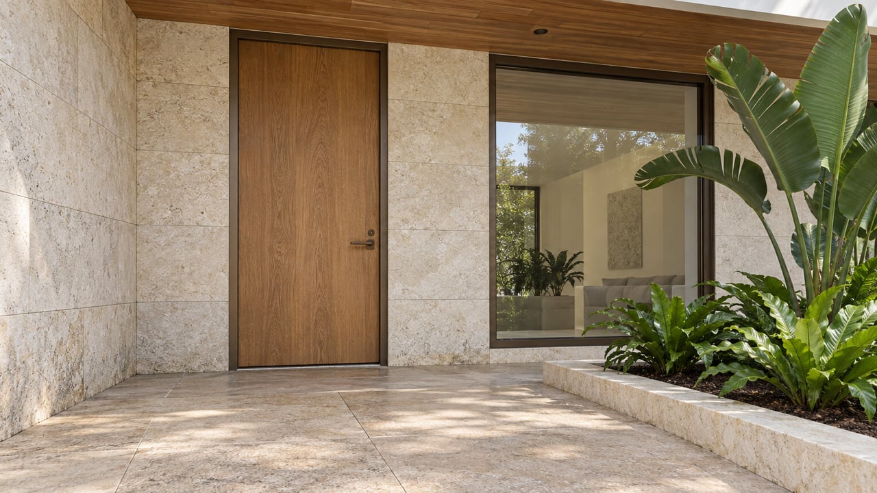 A covered limestone entry with an oak front door, bronze-framed window and raised planting bed in soft morning light.