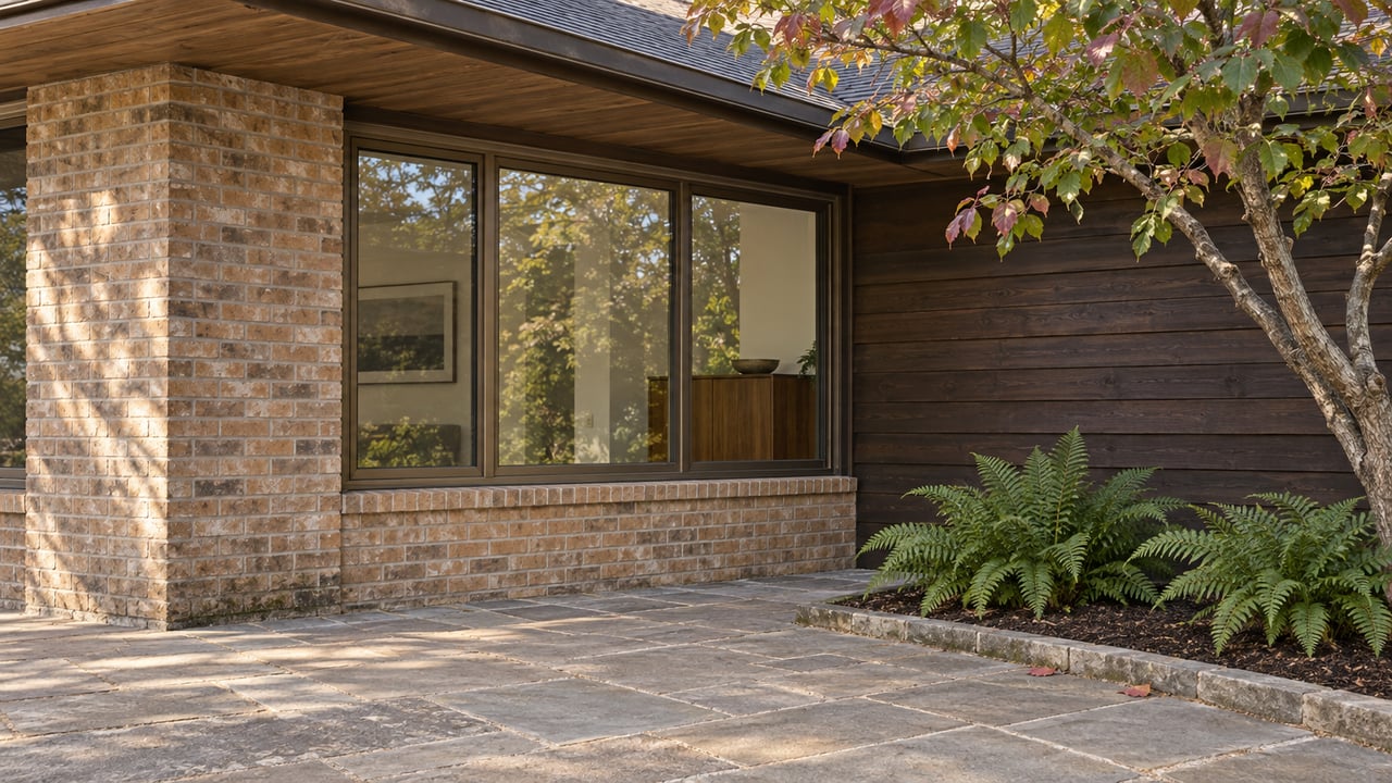 Close exterior view of a low-roofed home with weathered cedar, warm brick, broad windows and a sandstone terrace beside a flowering dogwood.