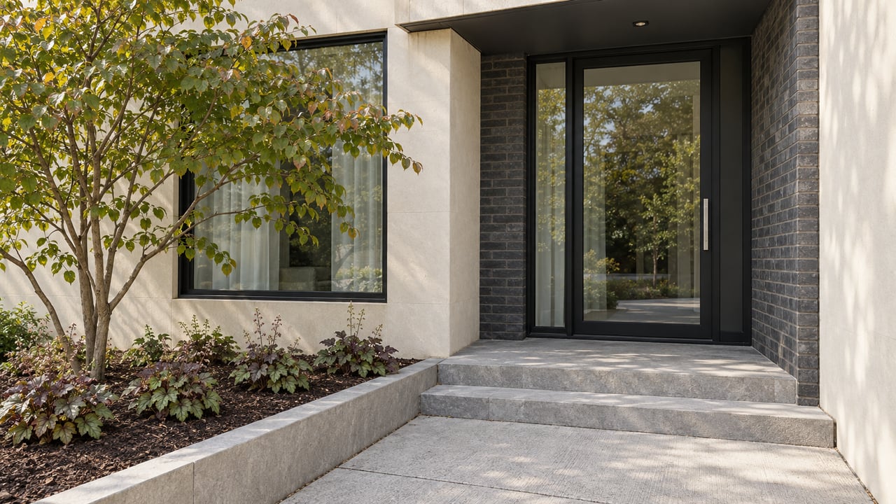 Contemporary residential entry with charcoal brick, ivory stucco, limestone steps and a small redbud tree.