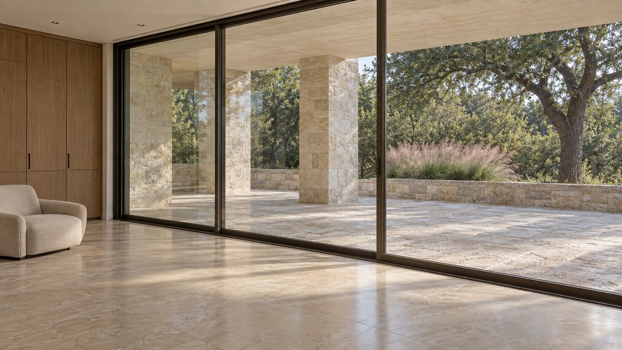 Living room with oak cabinetry and a low chair, looking through glass to a limestone terrace and tree.