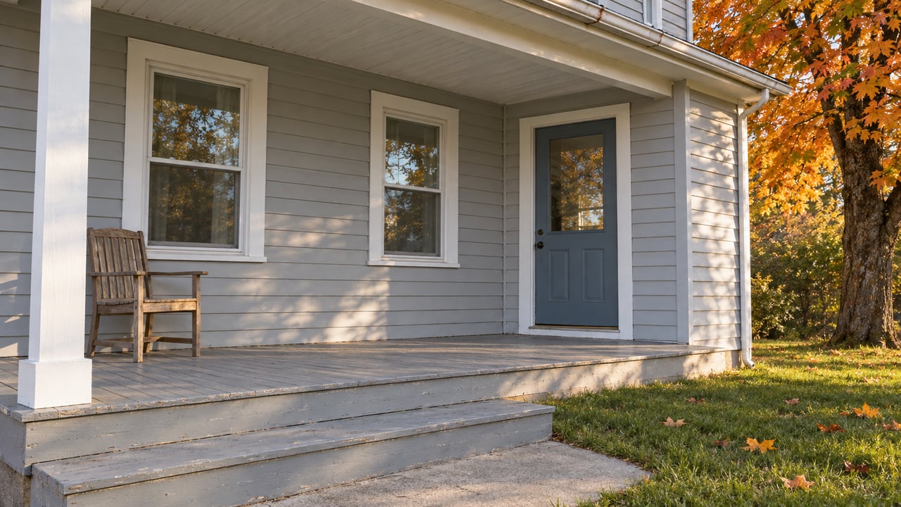 Autumn light across the worn timber porch of a modest gray-sided home, with a blue glazed door and orange sugar maple beside the steps.